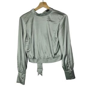 Express Sage Green Satin Open Back Long Sleeve Blouse XS